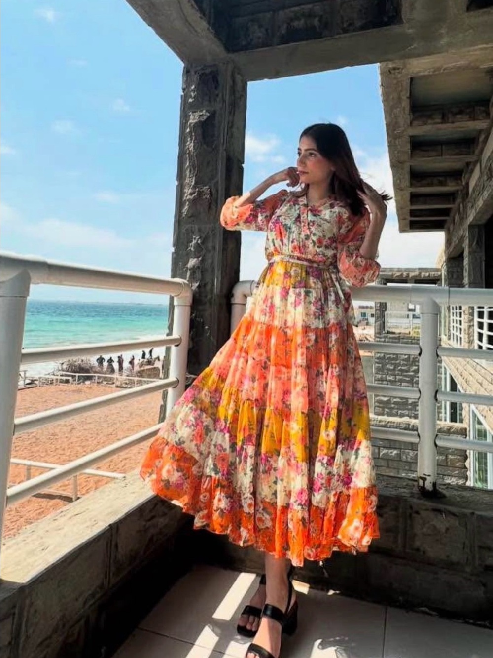 Women's Floral Tiered Maxi Dress in Orange Mix